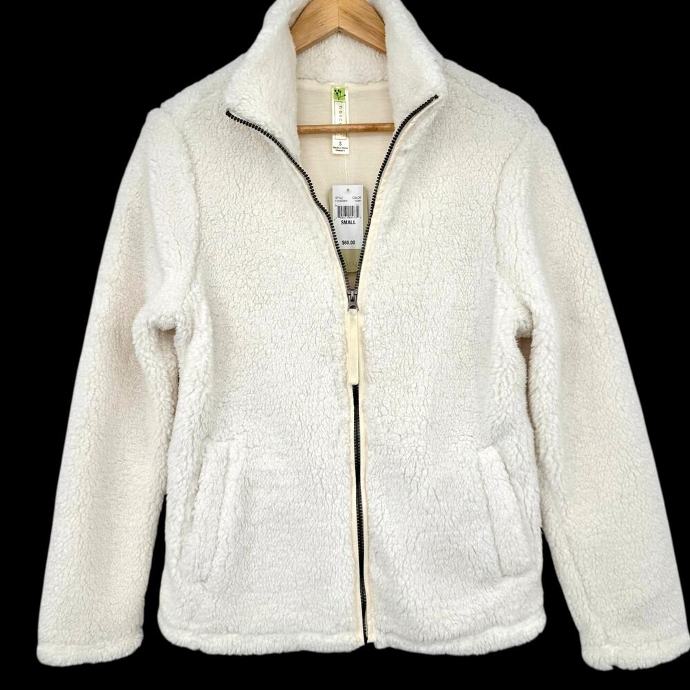NWT Halcyon Ivory Full Zip Sherpa Fleece Jacket with Stand Collar Pockets Size S